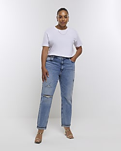 Plus blue high waist ripped mom jeans