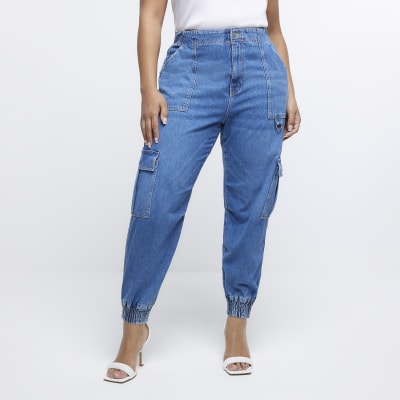 Plus blue high waisted cargo jeans River Island