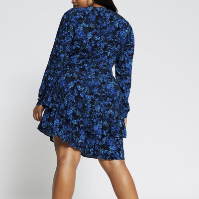 Plus blue long sleeve floral frill dress