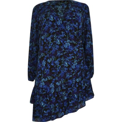 Plus blue long sleeve floral frill dress