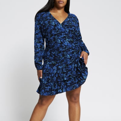 Plus blue long sleeve floral frill dress