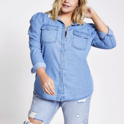 Plus blue pearl collar denim shirt