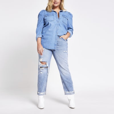 Plus blue pearl collar denim shirt