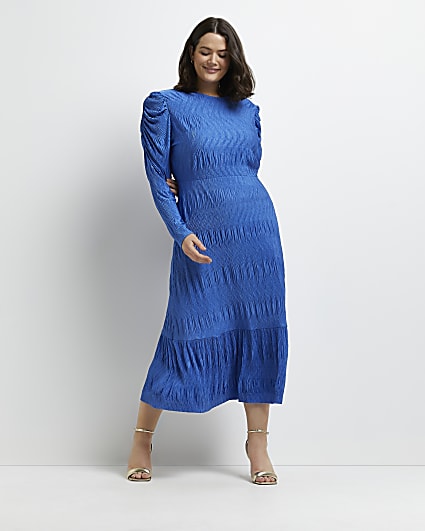 Plus blue pleated asymmetric midi dress