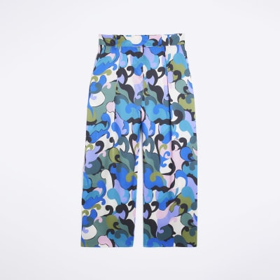 Plus blue print satin wide leg trousers