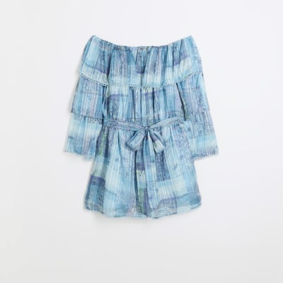 Plus blue printed off shoulder playsuit
