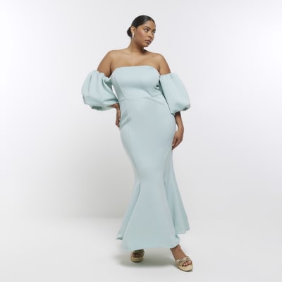 Plus blue puff sleeve bardot maxi dress River Island