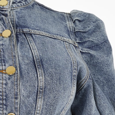 Plus blue puff sleeve mini denim dress