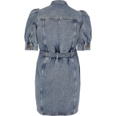 Plus blue puff sleeve mini denim dress