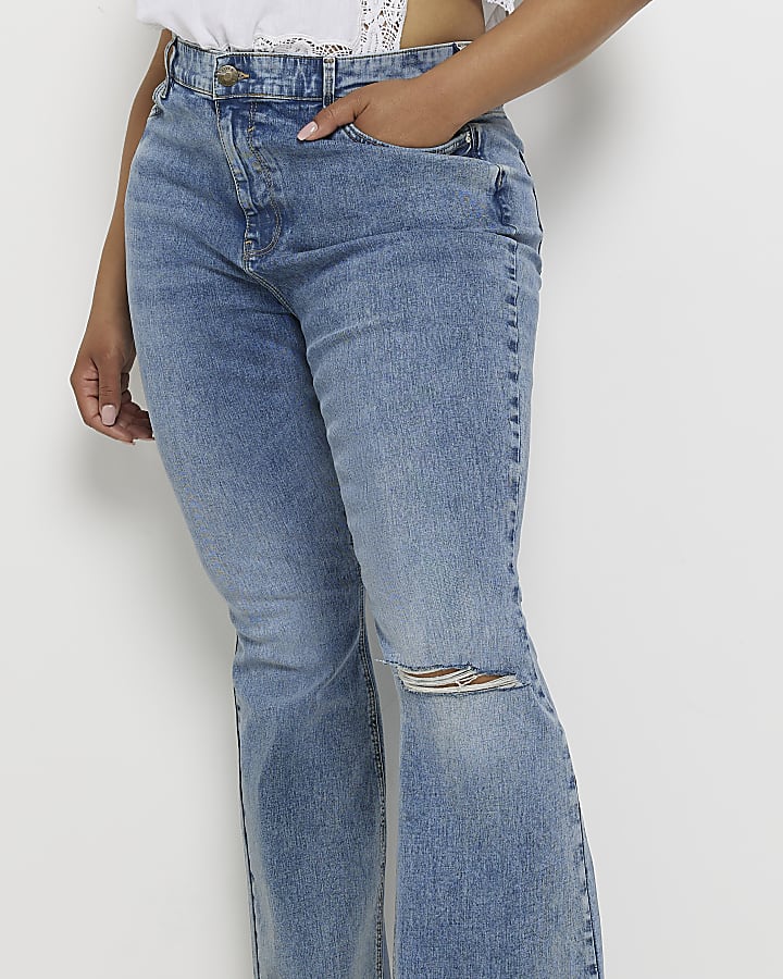 Plus blue ripped high waisted flared jeans
