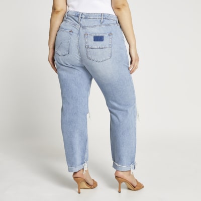 Plus blue ripped mid rise boyfriend jean