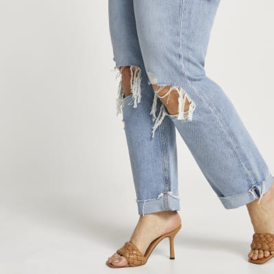 Plus blue ripped mid rise boyfriend jean