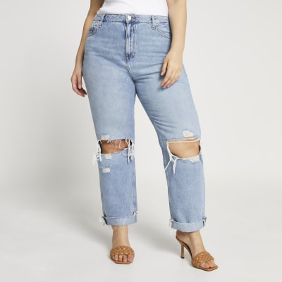 Plus blue ripped mid rise boyfriend jean