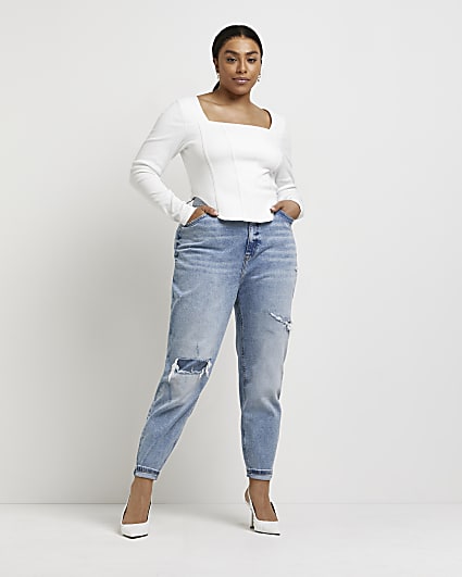 Plus blue ripped mid rise mom jeans