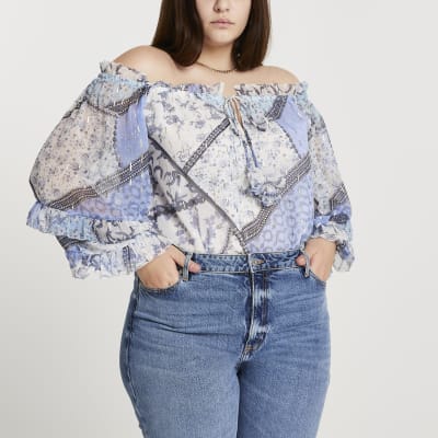 Plus blue ruffle bardot top