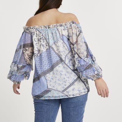 Plus blue ruffle bardot top