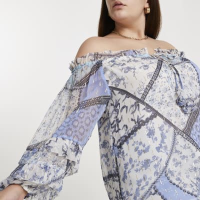 Plus blue ruffle bardot top