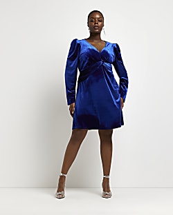 Plus blue velvet long sleeve swing mini dress