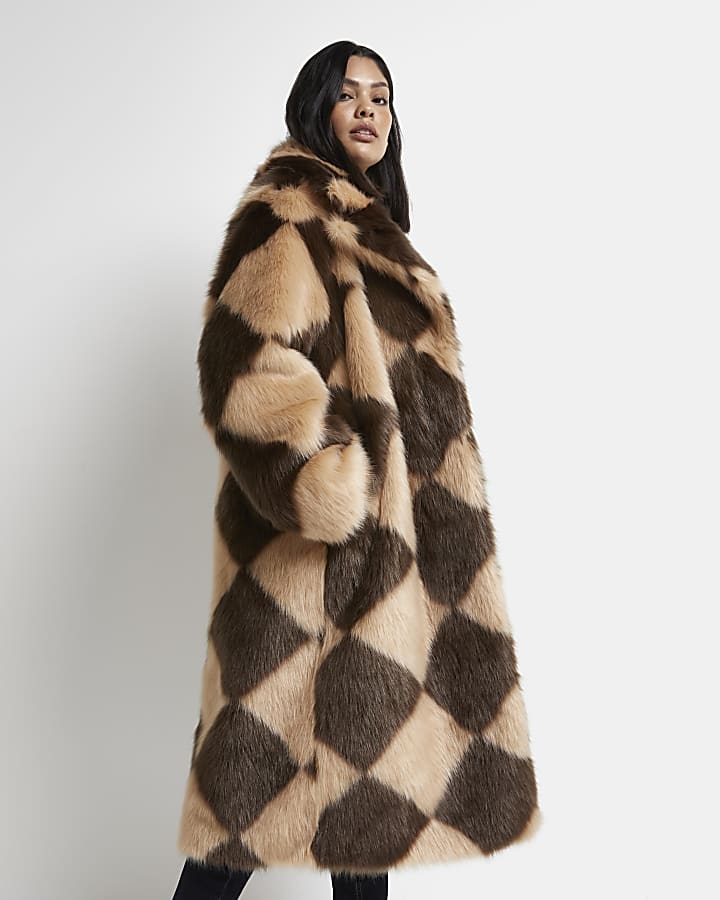 Plus Brown Checkerboard Faux Fur Coat, Fur Coat Brown Long Sleeve