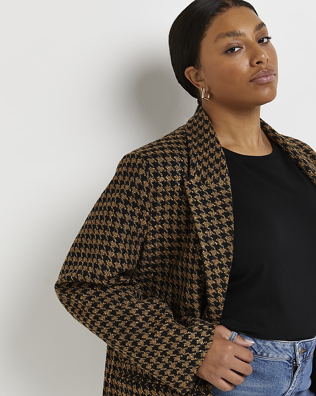 Plus brown dogtooth boucle oversized blazer