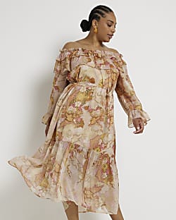 Plus brown floral bardot maxi dress