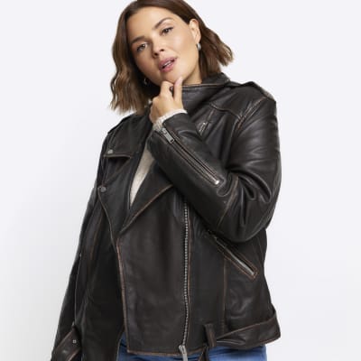 Plus brown leather oversized biker jacket River Island