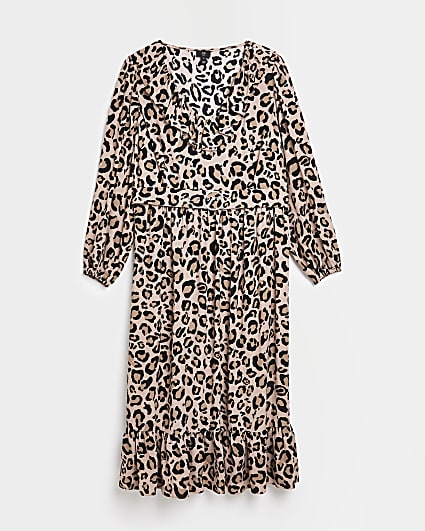 Plus brown leopard print belted midi dress