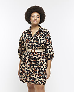 Plus brown leopard print mini shirt dress