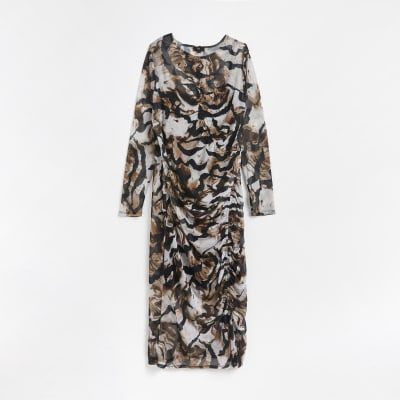 Plus brown mesh printed bodycon midi dress
