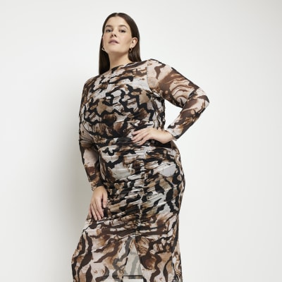 Plus brown mesh printed bodycon midi dress