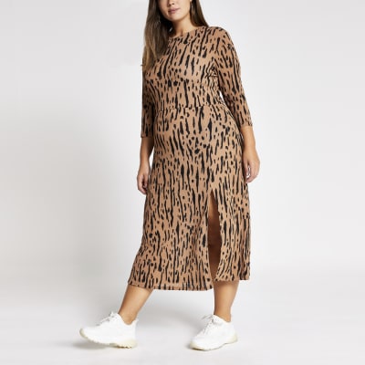 river island print midi dress khaki