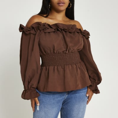 Plus brown ruffled bardot top River Island