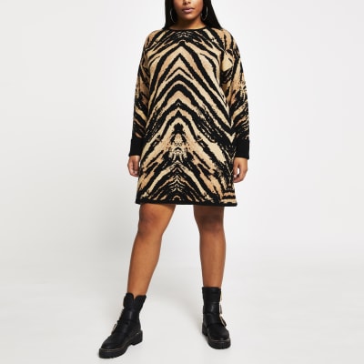 Plus brown tiger print jumper dress | River Island