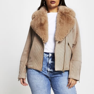 Plus camel quilted faux suede biker jacket | River Island