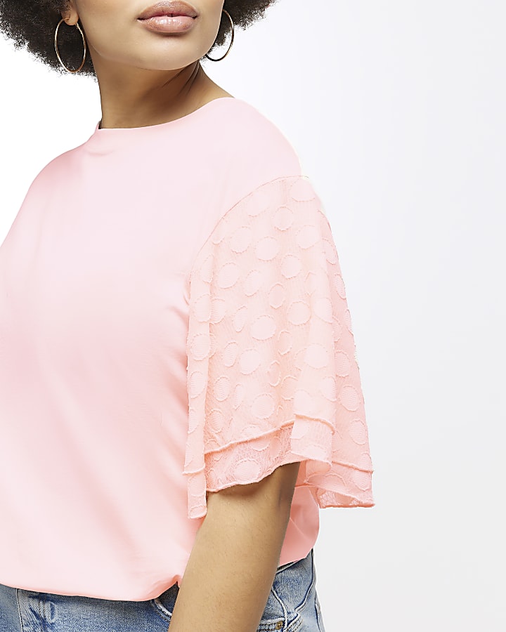 Plus coral frill short sleeve t-shirt