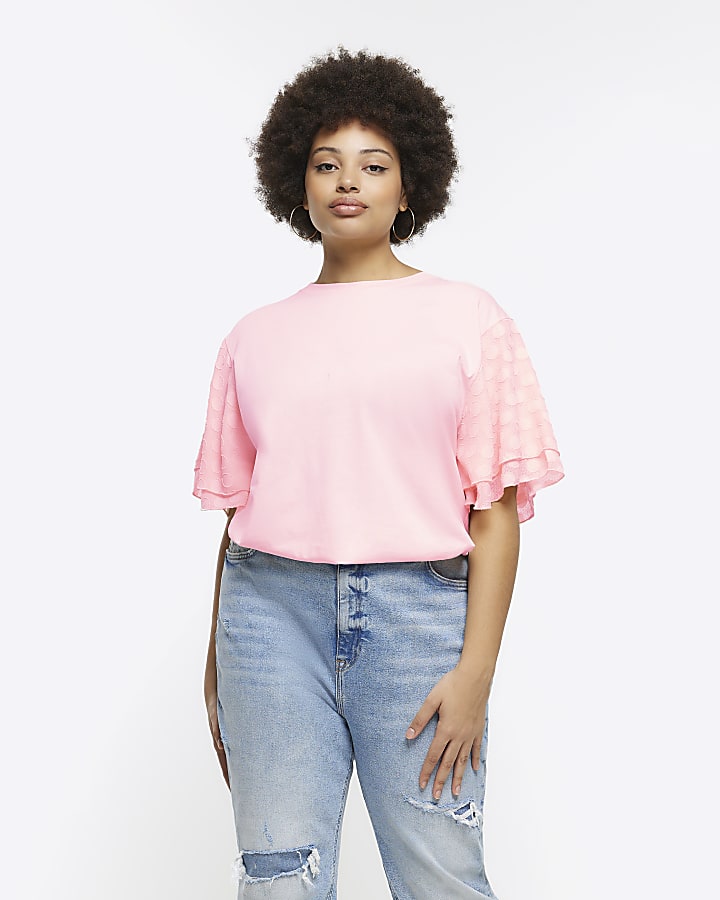 Plus coral frill short sleeve t-shirt
