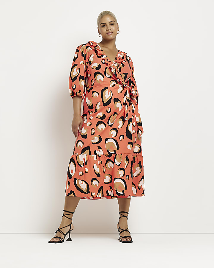 Plus coral leopard print wrap maxi dress