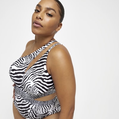 Plus cream animal print one shoulder swimsuit