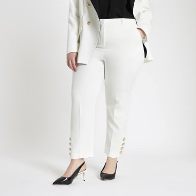 Plus cream button trim cigarette trousers