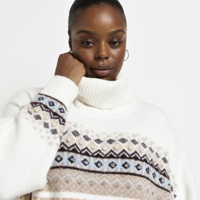 Plus cream print knit embellished jumper River Island