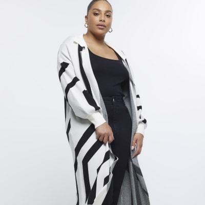 Plus cream print knit longline cardigan