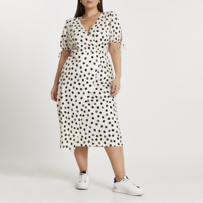 Plus cream spot print asymmetric midi dress