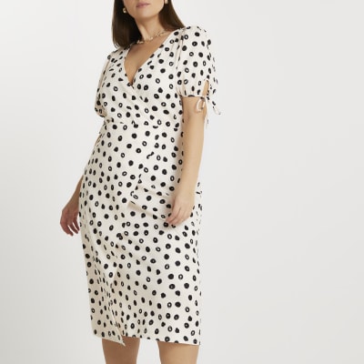 Plus cream spot print asymmetric midi dress