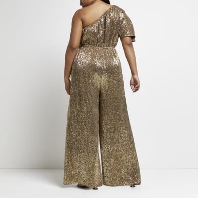 Plus gold sequin asymmetric jumpsuit River Island
