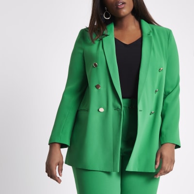Plus green double breasted ruched blazer