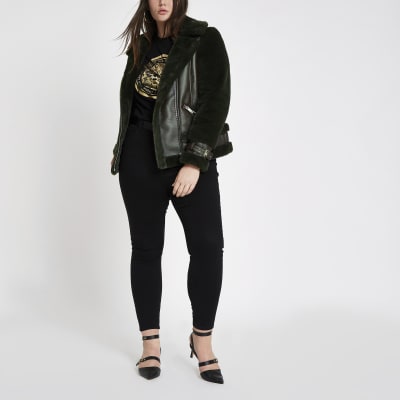 Plus green faux fur aviator jacket