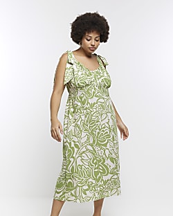 Plus green floral bodycon midi dress