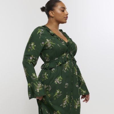 Plus green floral frill swing midi dress River Island