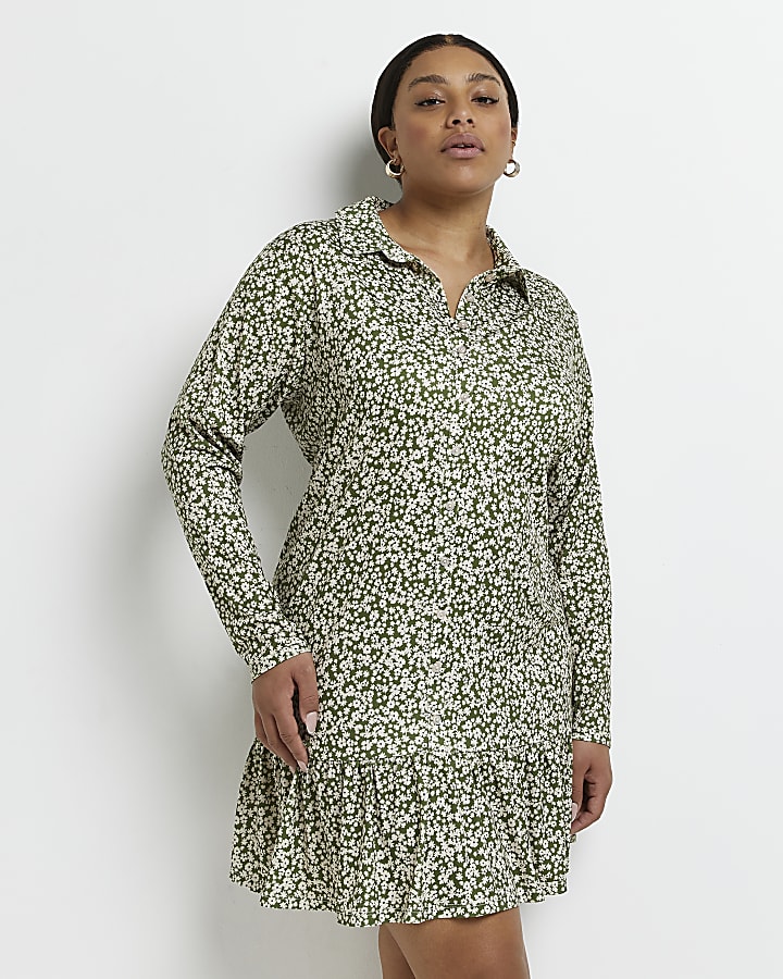 Plus green floral mini shirt dress