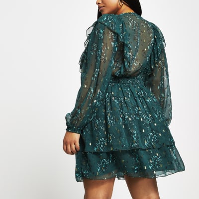 Plus green floral ruffle mini dress
